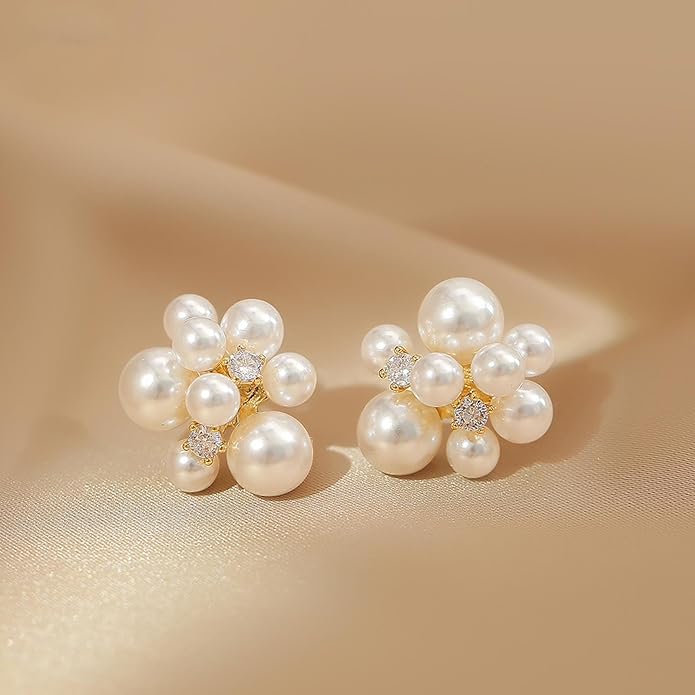 Elegant Pearl Cluster Stud Earrings with Diamond Accents