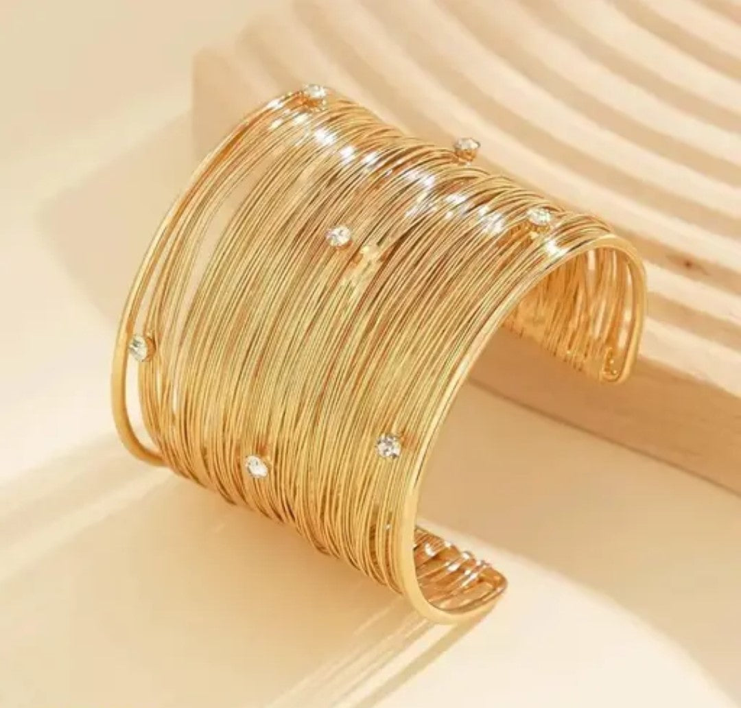Gold Wire Cuff Bracelet with Crystals – Adjustable