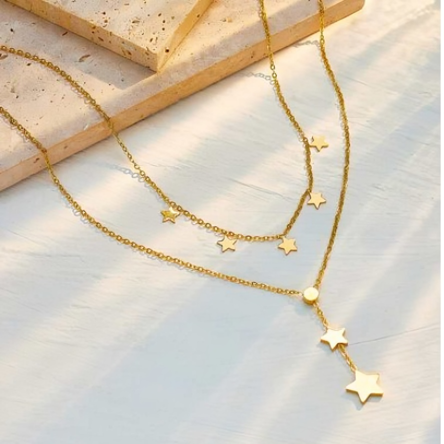 Gold Star Layered Necklace with Black & White Charms