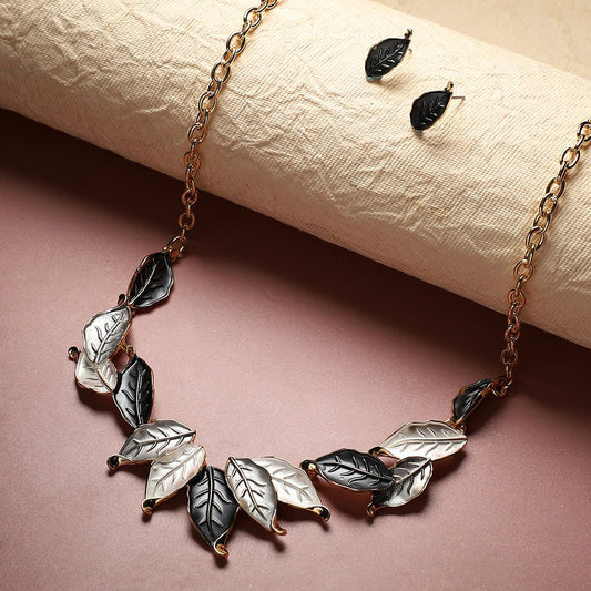 Elegant Black & White Leaf Necklace Set | Gold-Plated Designer Jewelry