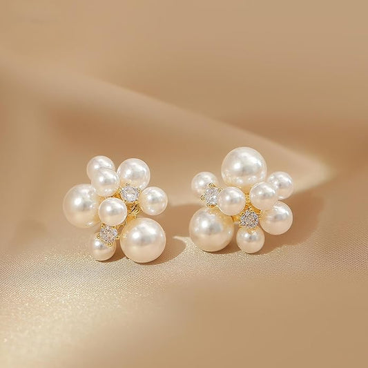 Elegant Pearl Cluster Stud Earrings with Diamond Accents