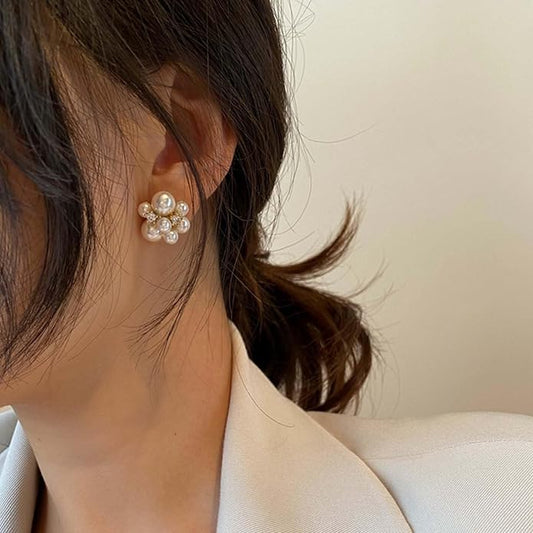 Elegant Pearl Cluster Stud Earrings with Diamond Accents