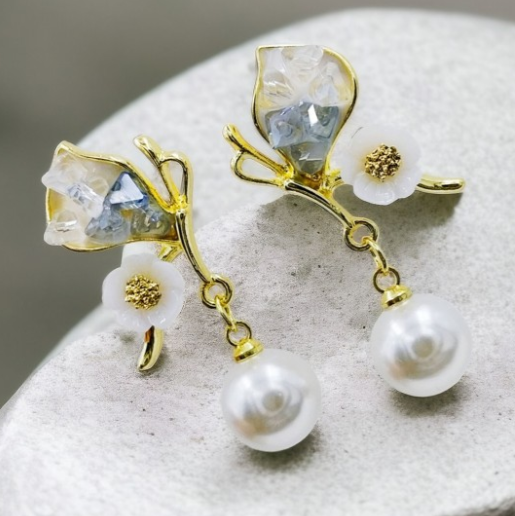 Gold-Plated Contemporary Drop Earrings with Stones & Beads