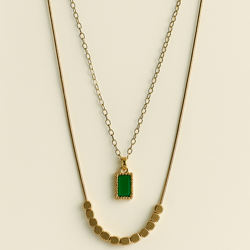 Elegant Gold Layered Necklace with Emerald Pendant
