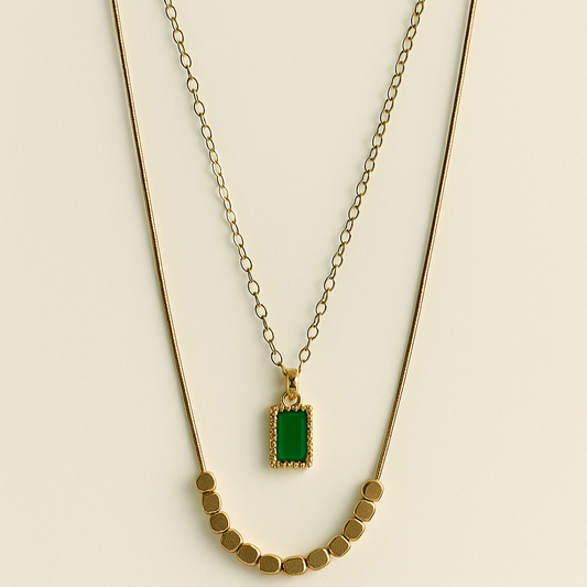 Elegant Gold Layered Necklace with Emerald Pendant