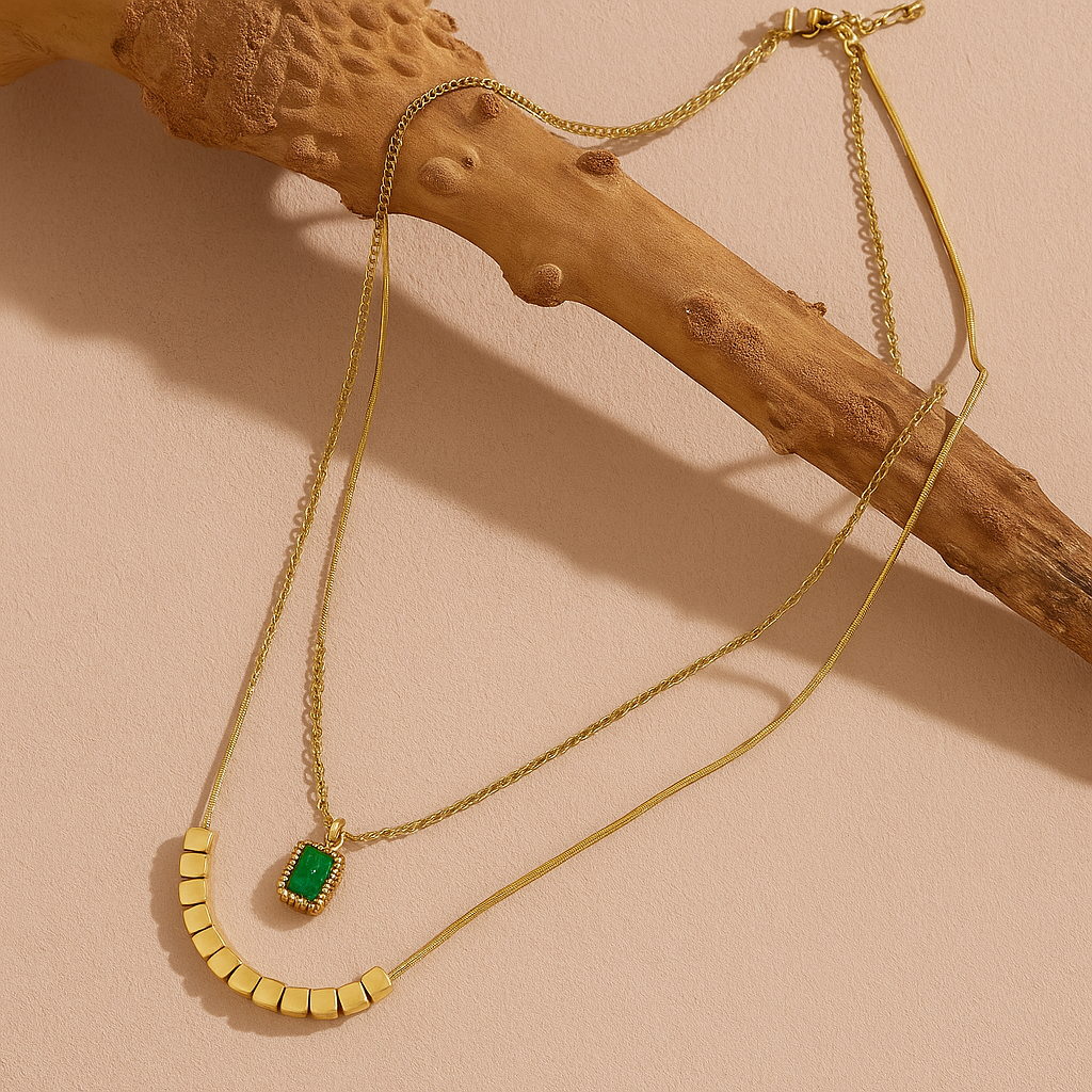 Elegant Gold Layered Necklace with Emerald Pendant
