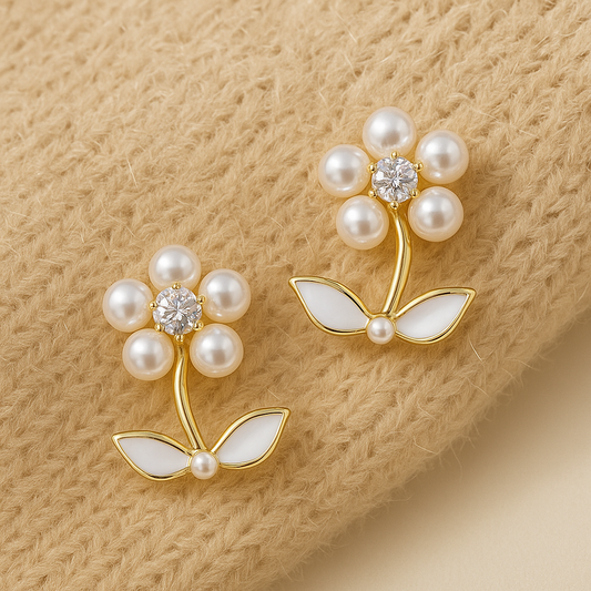 Gold Plated Stainless steel stone studded & beaded mini Floral Stud