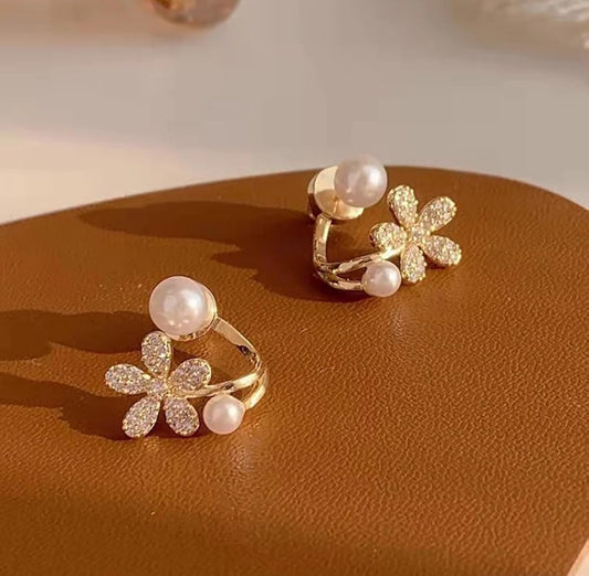 Gold-Plated Floral Pearl Earrings – Elegant Crystal Blossom Design