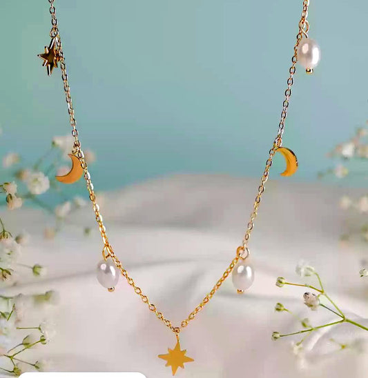 Moon & Star Gold Necklace with Pearls – Celestial Jewelry for Women