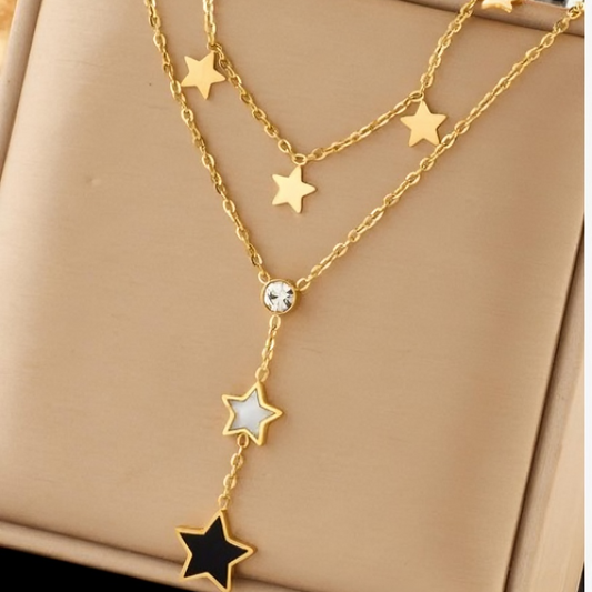 Gold Star Layered Necklace with Black & White Charms